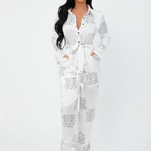 White Script Print Jumpsuit